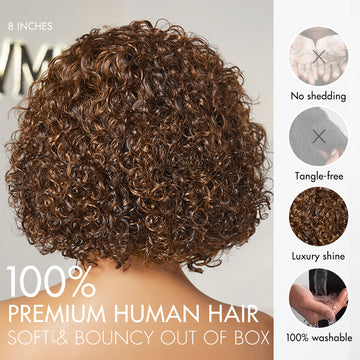8-inch lace front wig, 100% human hair, soft, bouncy curls, tangle-free, no shedding, luxury shine, and washable.