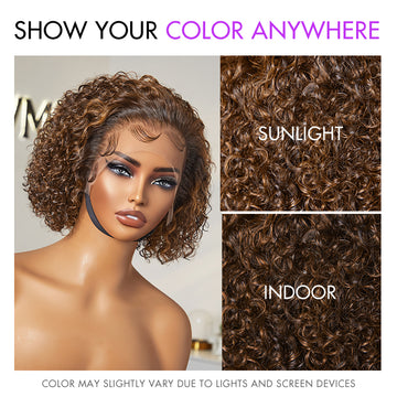 Lace front wig with curly hair, showing color differences in sunlight and indoor lighting for a natural look.