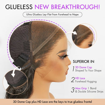 Glueless wig innovation with 3D Dome Cap, HD Lace, and Max Grip for a secure, natural fit from forehead to nape.