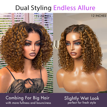 1 SEC INSTALL WIG | Ombre Brown Highlight Deep Curly Glueless 5x5 Closure Pre-Cut Lace Wig Breathable Cap