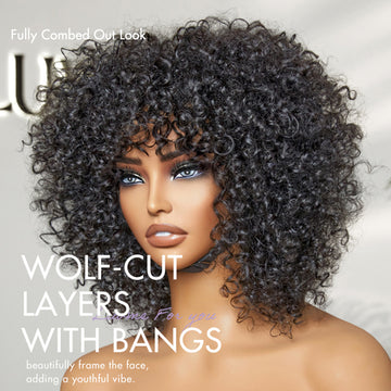 1 SEC INSTALL WIG | Shaggy Wolf Cut Throw On & Go Afro Curly Glueless Short Curly Wig with Bangs