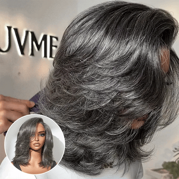 New Customers Only | Layered Blowout Salt and Pepper Glueless Grey Wig Minimalist HD Lace Shoulder Length Wavy Wig-01