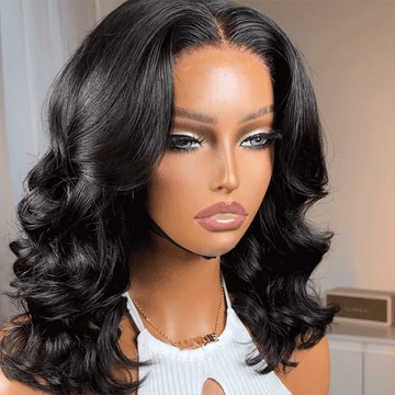 New Customers Only | 1 SEC INSTALL WIG | Gorgeous Natural Black Loose Wave 5x5 Closure Lace Glueless Short Wig 100% Human Hair | Large & Small Cap Size-01