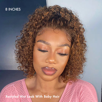 8 Inches brown highlight curly lace frotn wig, restyled to wet look and baby hair