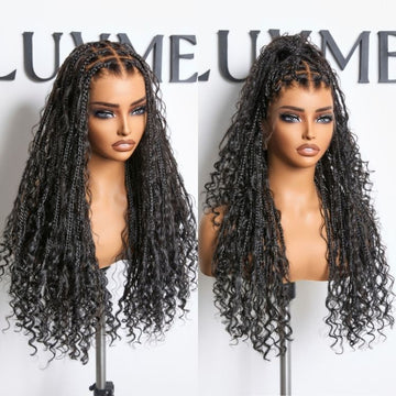 Readitress™ Light Weight Flexi-Fit Invisi Drawstring Cap Full Lace Knotless Boho Curls Braided Long Wig Super Natural Scalp - US Only-42