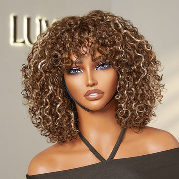 Beginner Friendly Water Wave Minimalist Lace Glueless Short Curly Wig with Bangs Breathable Cap