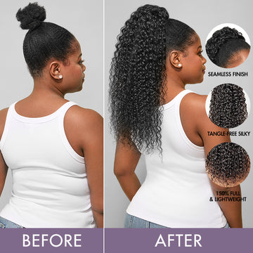 Before and after pictures of wearing the water wave ponytail wig.