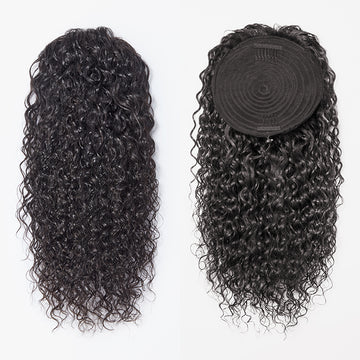 The front and back of the water wave ponytail wig. Showing the shine and quality of water wave human hair.