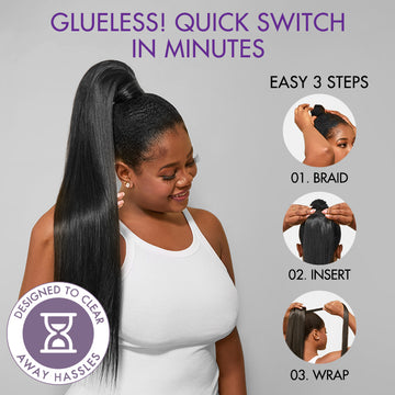 Three steps to glueless install Wrap Around Straight Ponytail Wig
