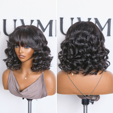 Mature Lady Short Loose Wave Minimalist Lace Shoulder Length Wavy Bob Wig with Bangs