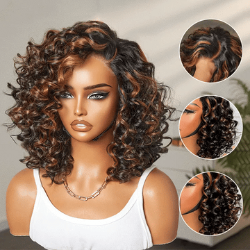 Subscriber Only | Effortless Elegance Brown Highlight / Natural Black Bouncy Curly Wig Minimalist HD Lace Glueless Wig Pre-Cut Lace-01
