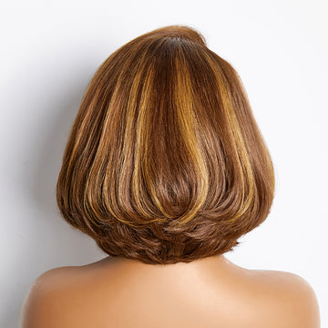 New Customers Only | Limited Design | Toffee Brown Mix Blonde / Natural Black Layered Cut Glueless 5x5 Closure Lace Bob Wig-06