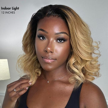 New Customers Only | PreMax Wigs - Honey Blonde Highlight / Natural Black / Ombre Blonde Bouncy Body Wave Glueless 13x4 Frontal Lace Human Hair Wig-12