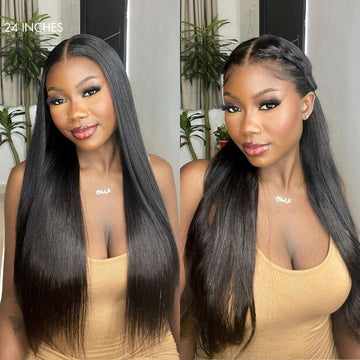 Model showcasing a 24-inch straight lace wig styled in two looks: natural middle part and braided side part for versatility.