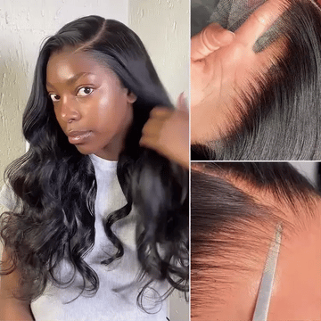 Natural wavy lace front wig featuring close-up of delicate hairline and realistic lace detailing.