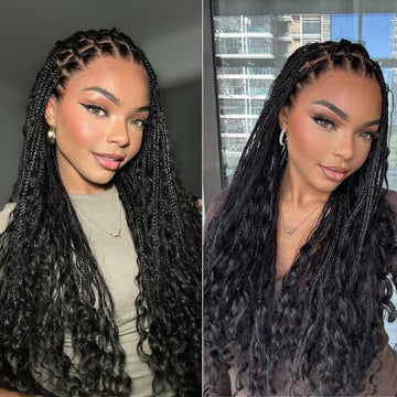 Readitress™ Light Weight Flexi-Fit Invisi Drawstring Cap Full Lace Knotless Boho Curls Braided Long Wig Super Natural Scalp - US Only-44