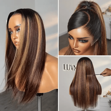 Lace front wig with blonde highlights and silky straight texture, offering versatile styling options like ponytails or sleek back looks, and a natural finish.