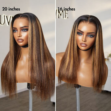 20-inch and 16-inch straight wigs with natural brown and blonde highlights, sleek texture, and realistic middle part design.