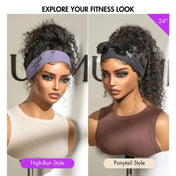 Throw On & Go Natural Black / Blonde Highlight Deep Wave No Lace Glueless Long Headband Wig (Get Free Trendy Headbands)-07