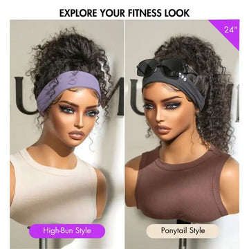 Throw On & Go Natural Black / Blonde Highlight Deep Wave No Lace Glueless Long Headband Wig (Get Free Trendy Headbands)-07
