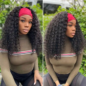 22-inch deep wave headband wig, natural black curls, paired with a red headband for a stylish, casual outdoor look.