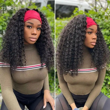 22-inch deep wave headband wig, natural black curls, paired with a red headband for a stylish, casual outdoor look.