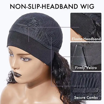 The cap of headband wig-it have elastic headband, velcro, secure combs