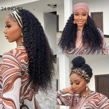 Black deep wave headband wig human hair 24 Inches