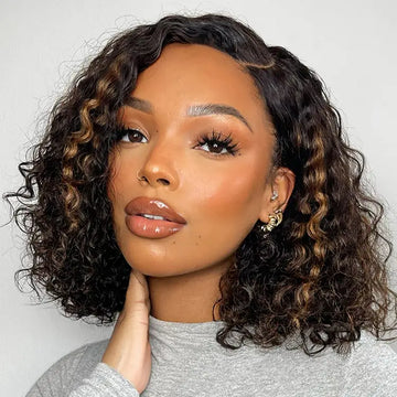 Exclusive Sale | Blonde Highlight Short Curly Glueless Minimalist HD Lace Human Hair Wig-01
