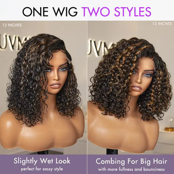 Exclusive Sale | Blonde Highlight Short Curly Glueless Minimalist HD Lace Human Hair Wig-04