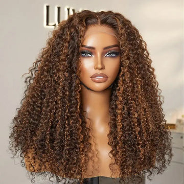 Copper red highlight on brown hair wig kinky curly hair 5x5 closure