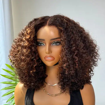 14 Inches Copper Highlight 5x5 closure Curly Wig under sunlight