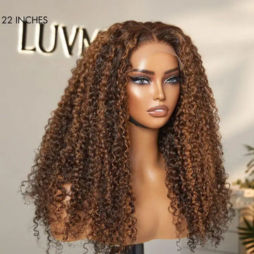 side view of 180% Density Copper Highlight Kinky Curly Glueless 5x5 Closure Lace Curly Wig
