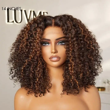 Front view of 14 inches copper highlight curly wig 5x5 closure