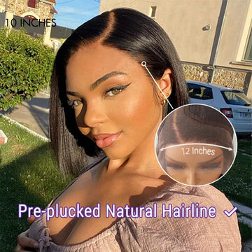 10 inches Natural Black C Part Glueless Lace Front Bob Wig pre-plucked natural hairline