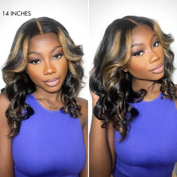 14 inches Blonde highlights on a black body wave 5x5 HD lace closure wig