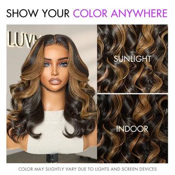 Blonde highlights on a black body wave 5x5 HD lace closure wig looks in indoor and outdoor lighting