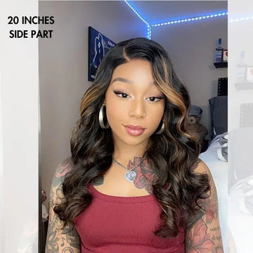 Black women wearing 20 inches Blonde highlights body wave 5x5 HD lace closure wig with side part look