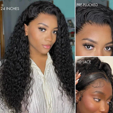 Water wave lace front wigs - natural black, 24 inches, HD lace with Pre-plucked hairline