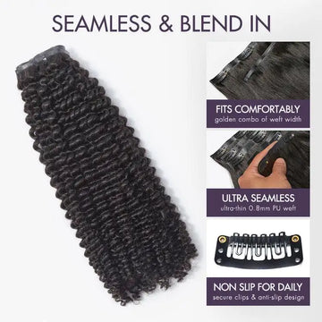 The advantages of Kinky Curly Clip-in Hair Extensions  Human Hair, it's secure and seamless