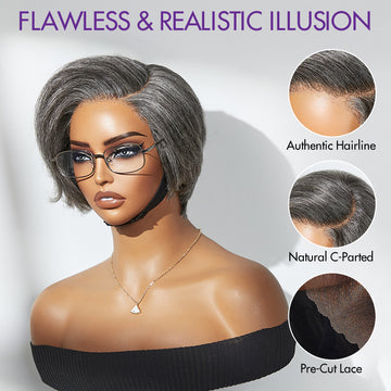 Salt and Pepper Short Pixie Cut Wig Glueless Minimalist HD Lace Grey Wig Pre-Cut Lace-03