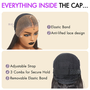 Inside view of lace front wig cap featuring elastic band, anti-lift lace design, adjustable strap, secure combs, and removable elastic band for a comfortable and secure fit.