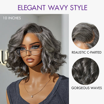 Boss Vibe Salt & Pepper Layered Bob / Body Wave Glueless Pre-Cut Minimalist Lace Grey Wig-08