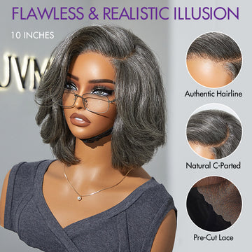 Exclusive Sale | Boss Vibe Salt & Pepper Layered Bob / Body Wave Glueless Pre-Cut Minimalist Lace Grey Wig-04