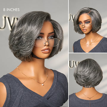 Boss Vibe Salt & Pepper Layered Bob / Body Wave Glueless Pre-Cut Minimalist Lace Grey Wig-17