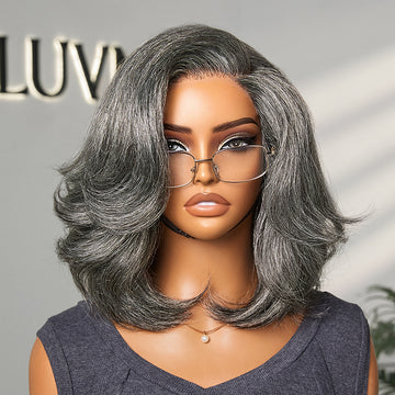 Put On and Go Salt and Pepper Layered Bob Glueless Pre-Cut Minimalist Lace Grey Wig-01