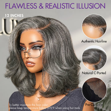 Put On and Go Salt and Pepper Layered Bob Glueless Pre-Cut Minimalist Lace Grey Wig-15