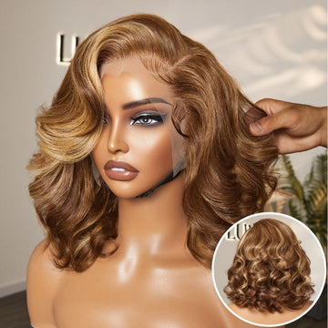 Lace front wig - Blonde Highlight Body Wave Wig, 12 inches, showing front and back views