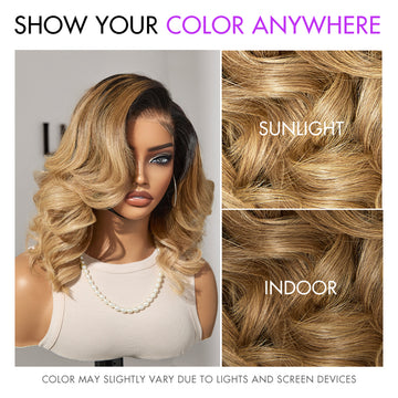 Mannequin wearing a blonde ombre lace front wig with loose curls, showcasing color variations in sunlight and indoor lighting for a dynamic look.