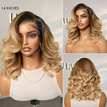 Front and Back View of Lace front wig - 13x4 Lace, Ombre Ash Blonde, Loose Wave, Side Part Style, 14 Inches
